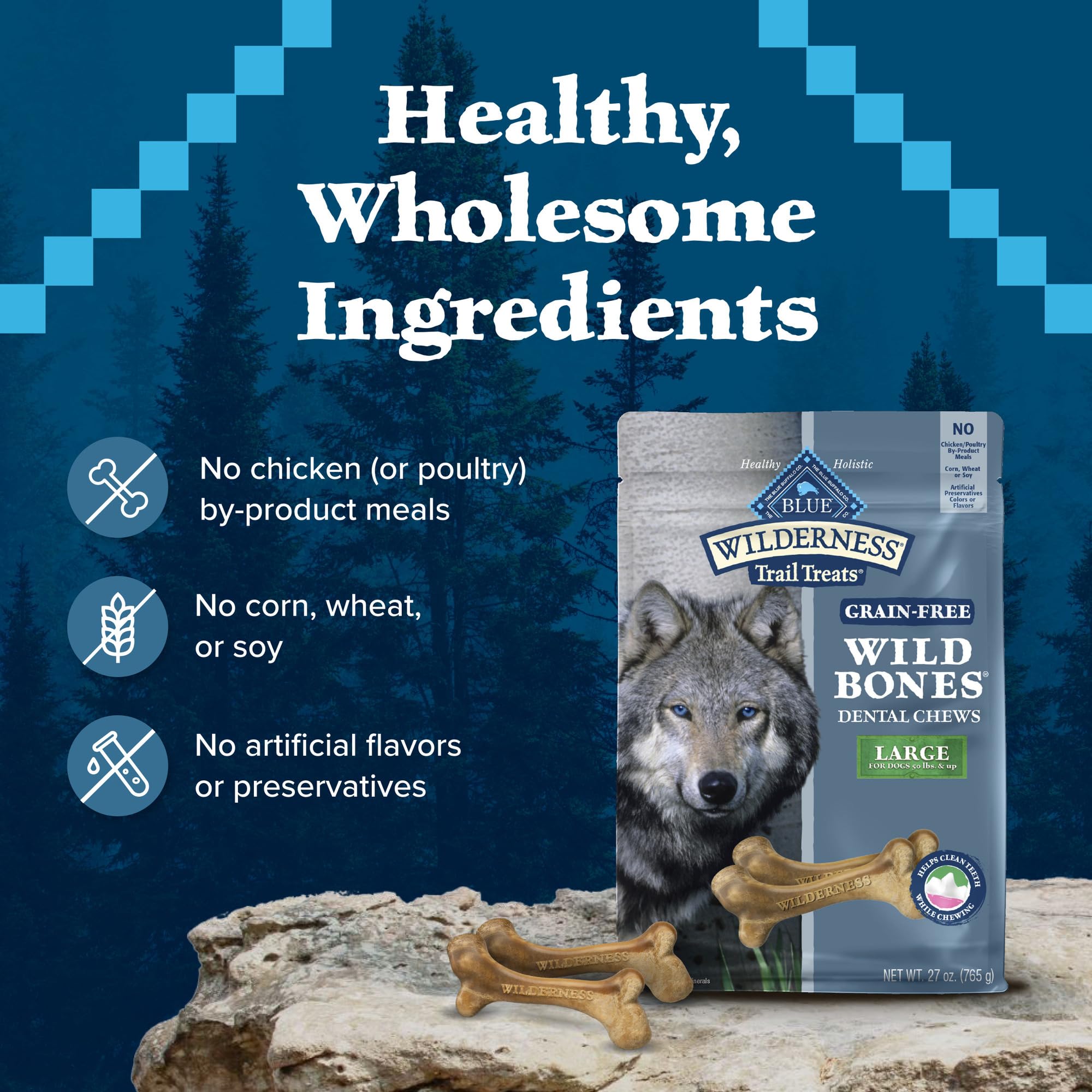 Blue Buffalo Wilderness Wild Bones large dental chew packaging detail highlights no artificial flavors