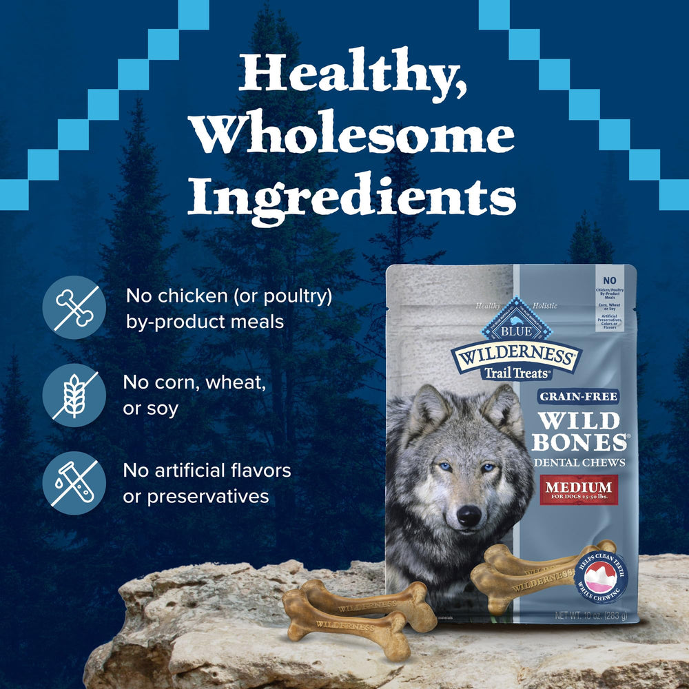Blue Buffalo Wilderness Wild Bones image reinforces potential fresh-breath benefit.