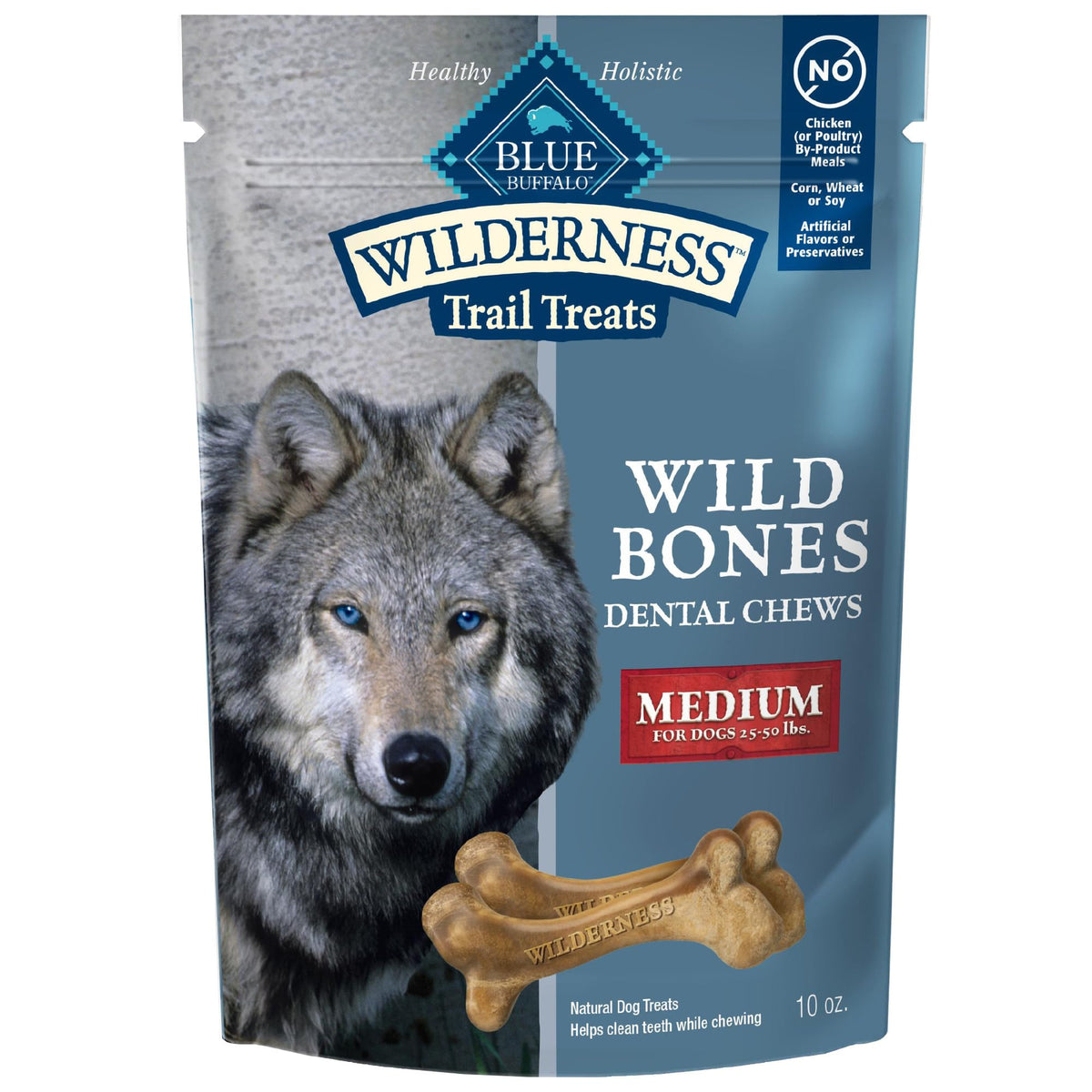 Blue Buffalo Wilderness Wild Bones Medium Dental Chews bag on display supports dental care for medium dogs.