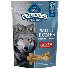 Blue Buffalo Wilderness Wild Bones Medium Dental Chews bag on display supports dental care for medium dogs.
