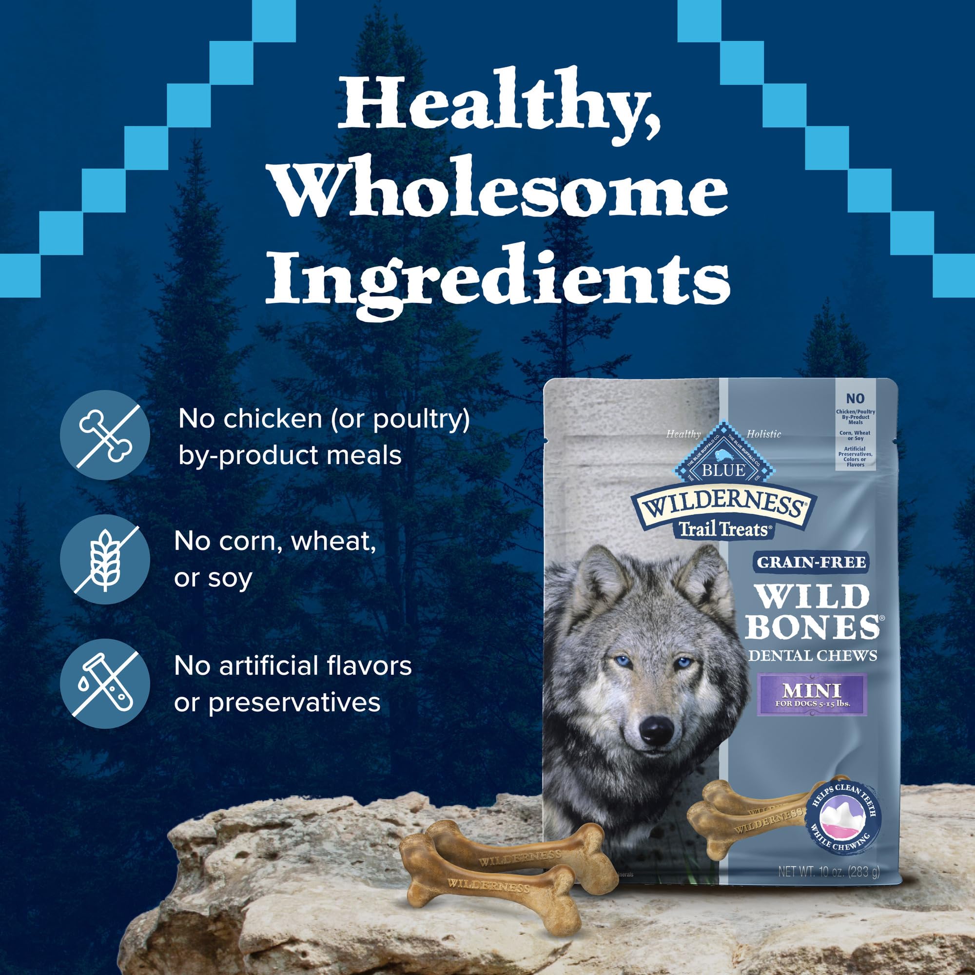 Blue Buffalo Wilderness Wild Bones Mini Dental Chew 27oz bag shown.