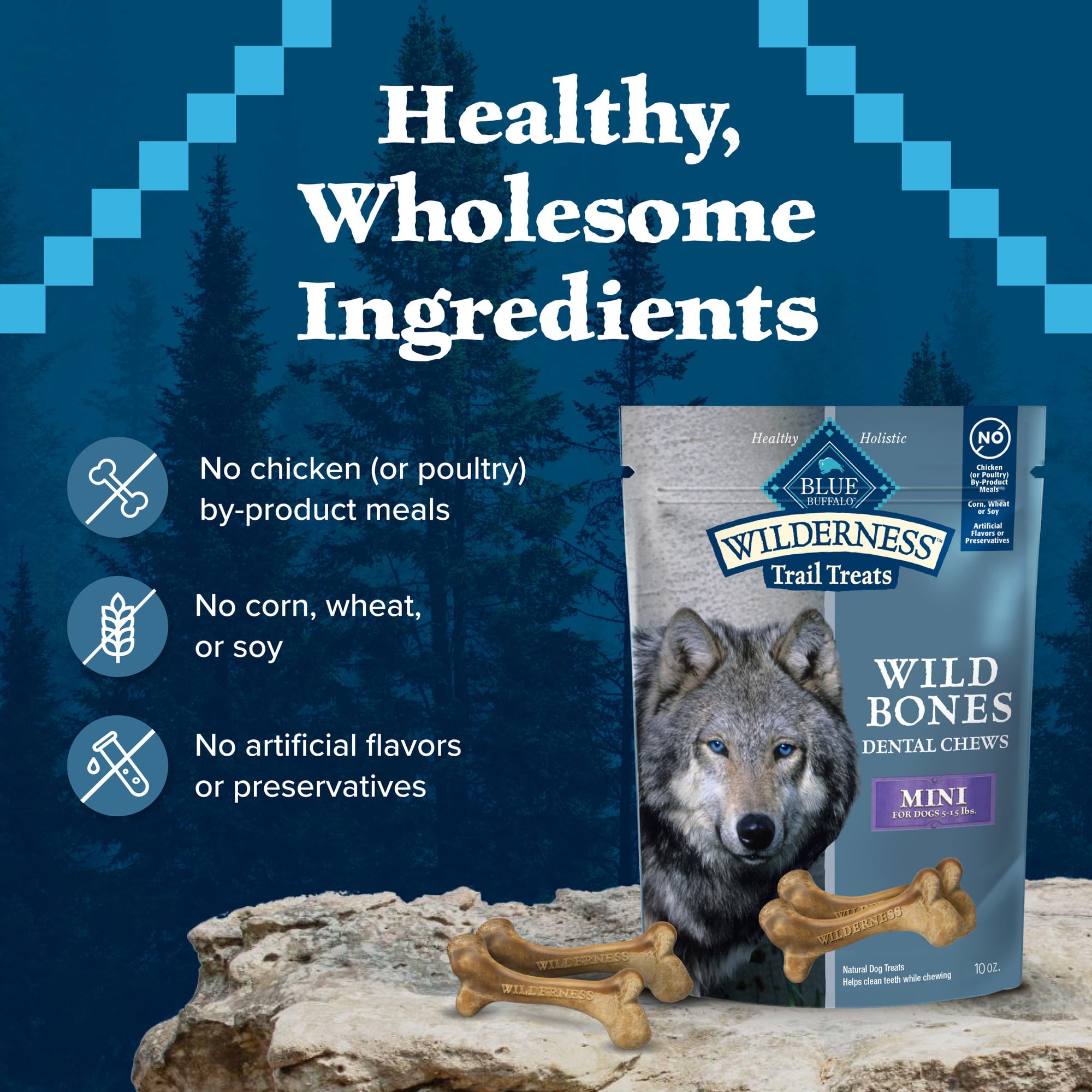 Close-up of Blue Buffalo Wilderness Wild Bones Mini Dental Chew cleaning around teeth.