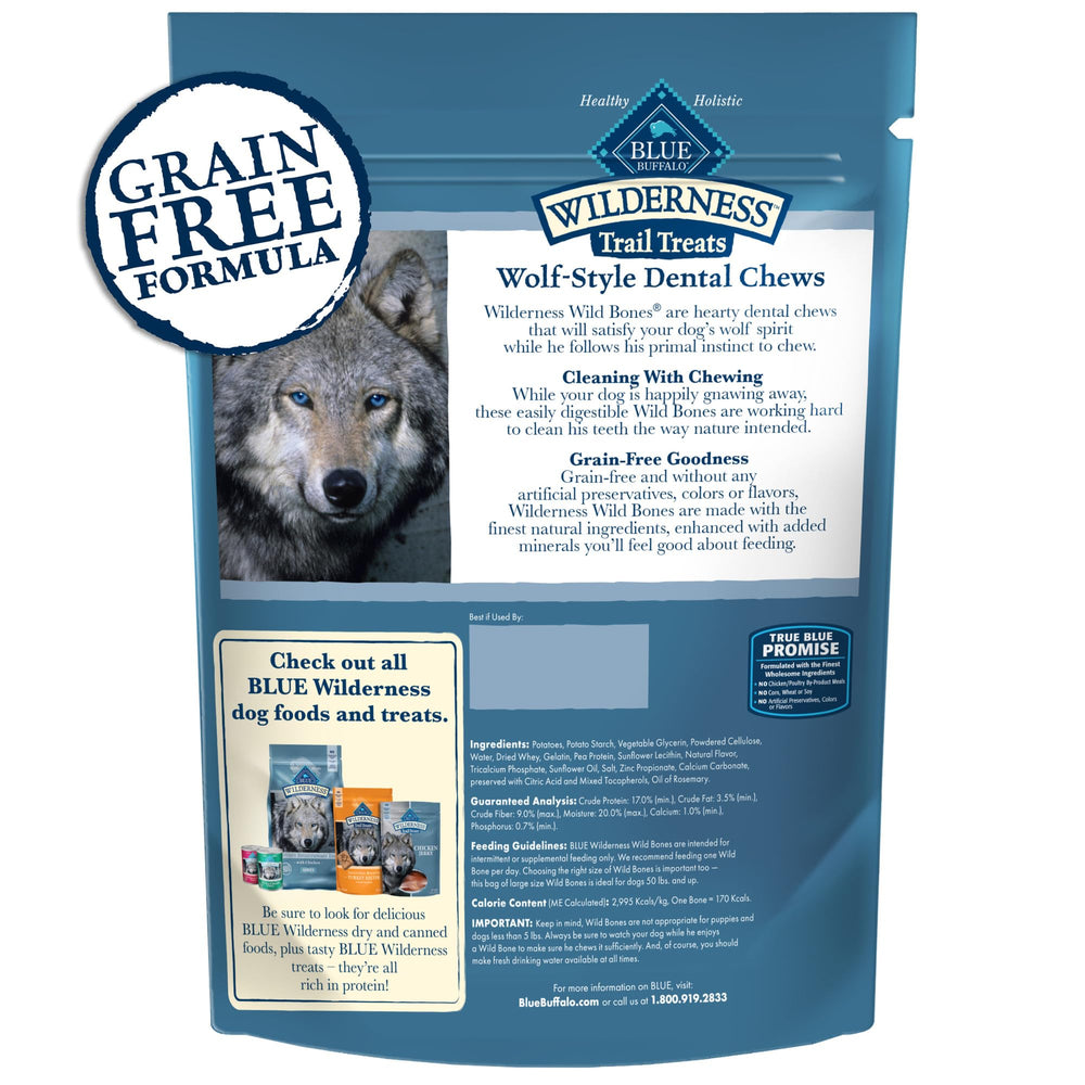 Blue Buffalo Wilderness Wild Bones Mini Dental Chew dog chewing action shows daily treat.