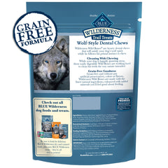 Blue Buffalo Wilderness Wild Bones Mini Dental Chew dog chewing action shows daily treat.