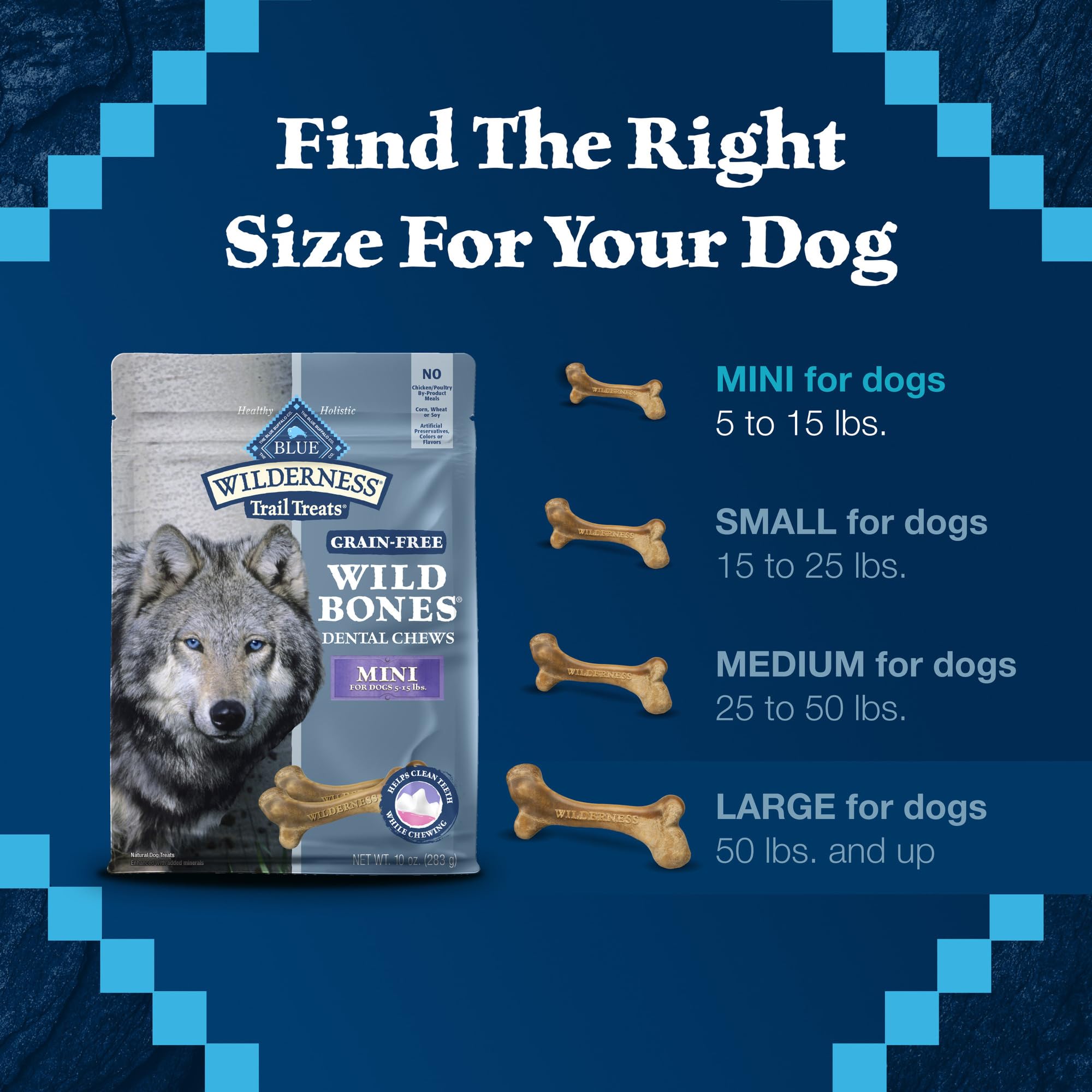 Blue Buffalo Wilderness Wild Bones Mini Dental Chew no artificial preservatives logo.