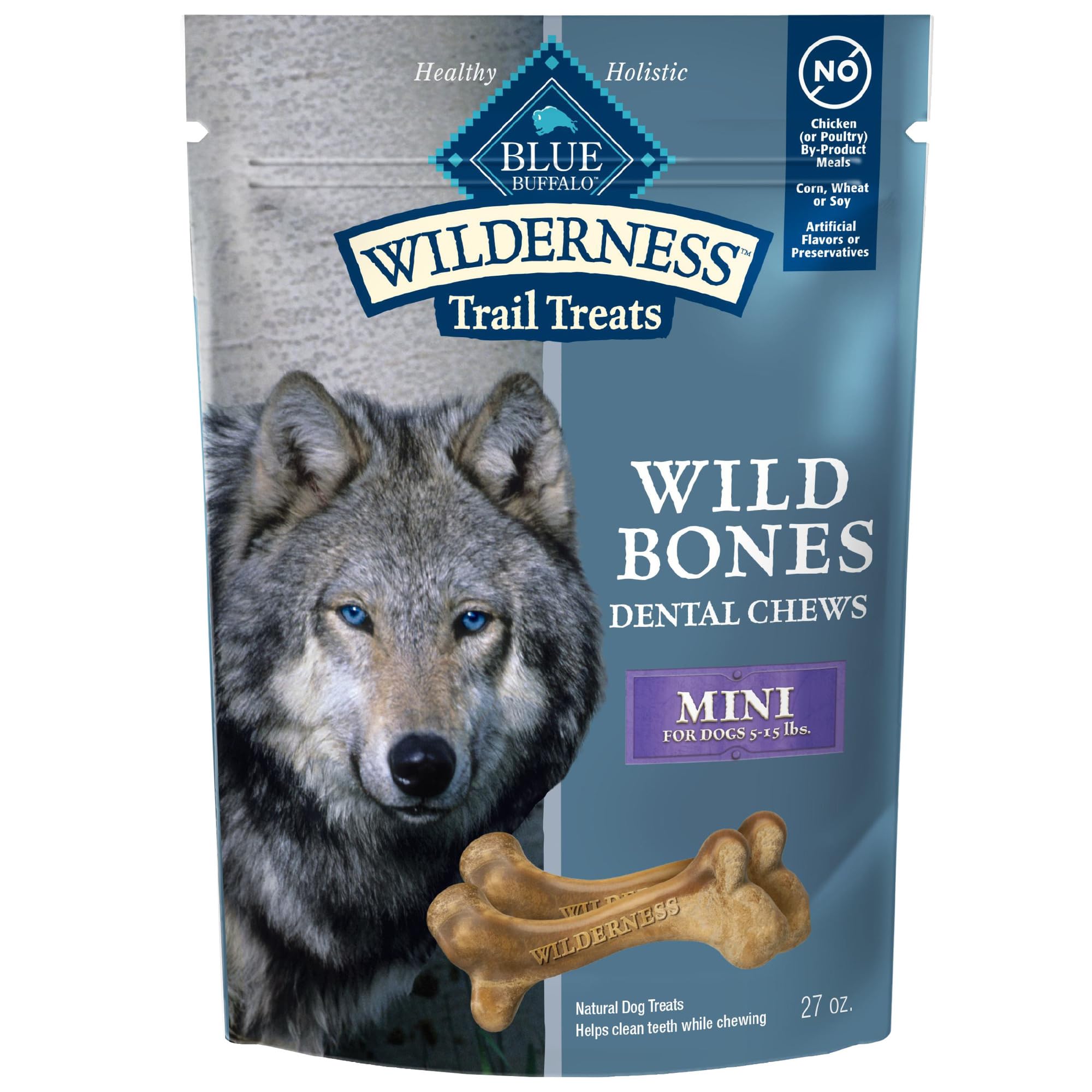 Blue Buffalo Wilderness Wild Bones Mini Dental Chew packaging front highlights grain-free formula.