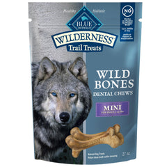 Blue Buffalo Wilderness Wild Bones Mini Dental Chew packaging front highlights grain-free formula.