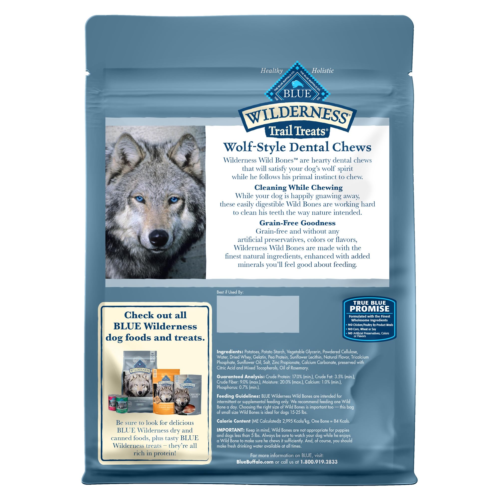 Blue Buffalo Wilderness Wild Bones Small Dental Chew bag closeup showing 10-oz bag.