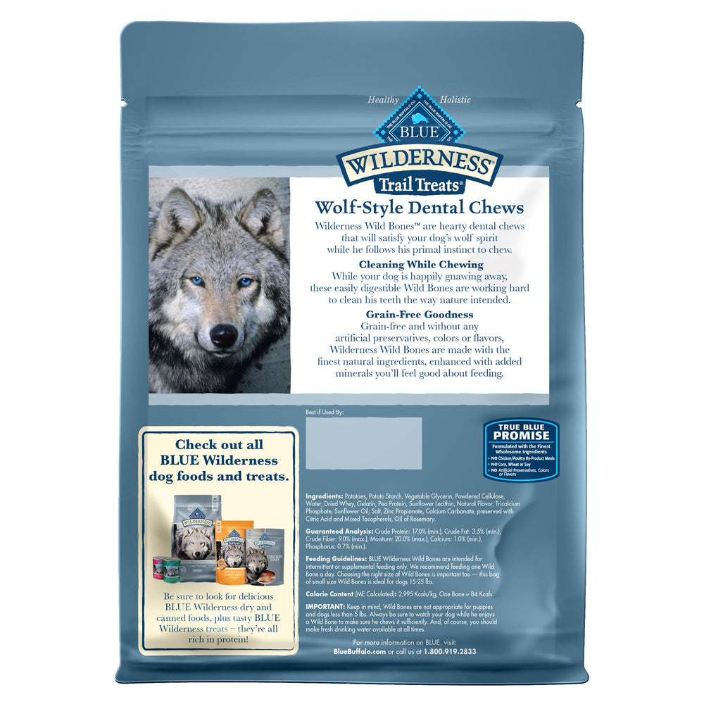 Blue Buffalo Wilderness Wild Bones Small Dental Chew bag closeup showing 10-oz bag.
