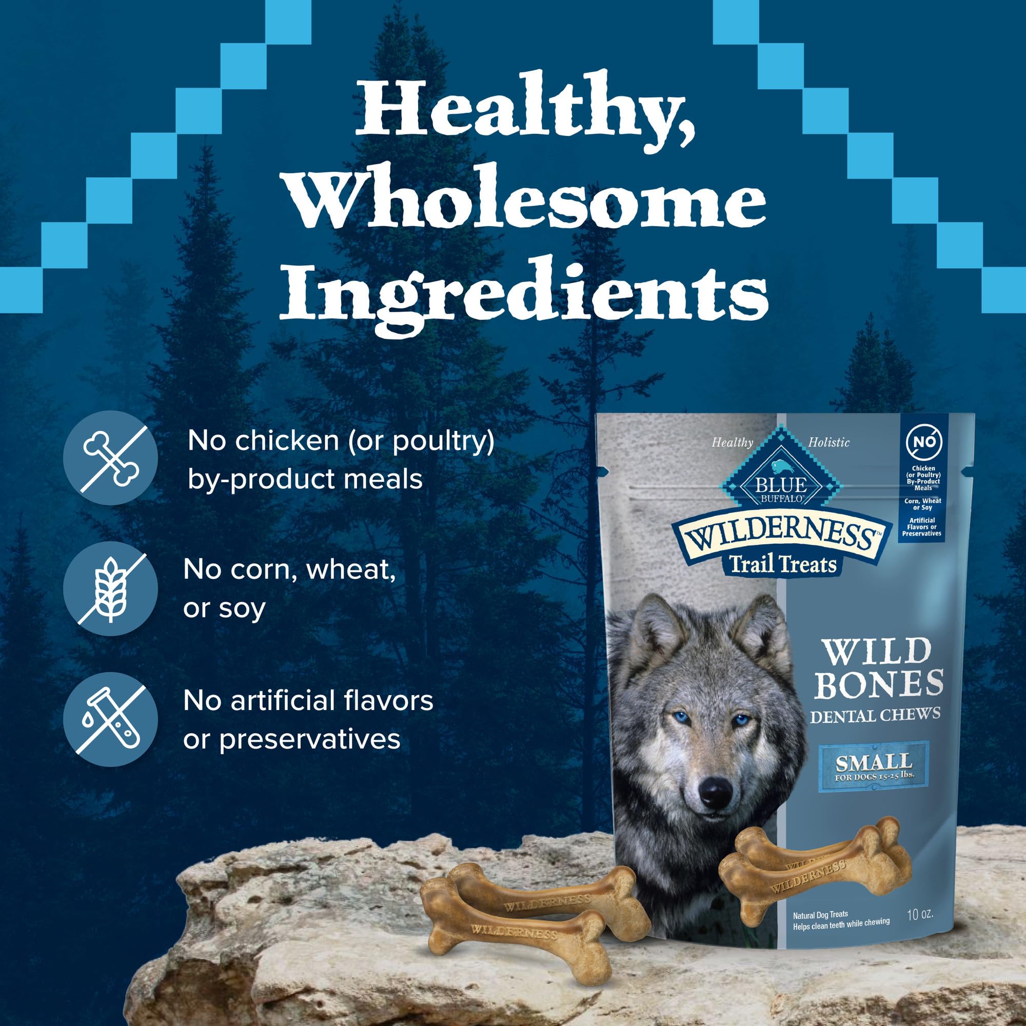 Blue Buffalo Wilderness Wild Bones Small Dental Chew ready-to-serve daily dental reward.