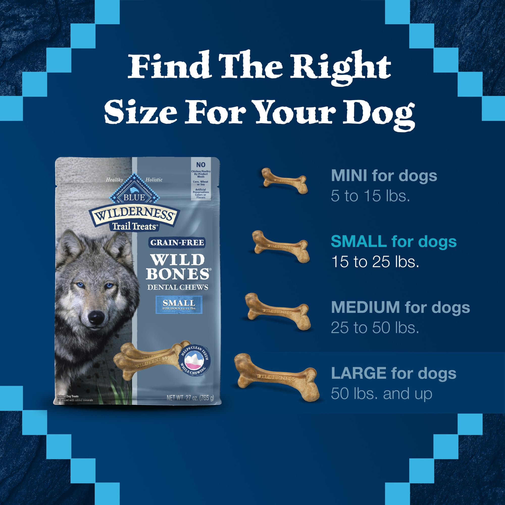 Blue Buffalo Wilderness Wild Bones small dental chew on counter suggests fresh breath potential