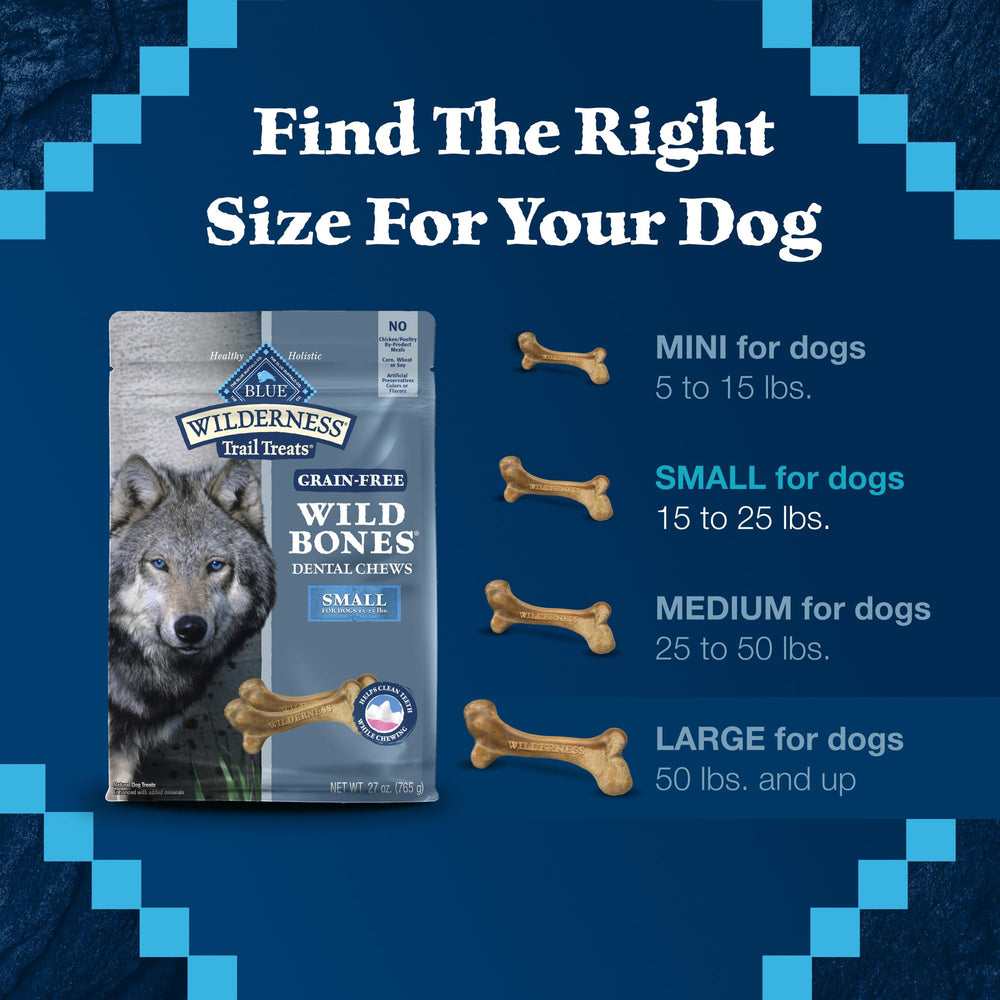 Blue Buffalo Wilderness Wild Bones small dental chew on counter suggests fresh breath potential