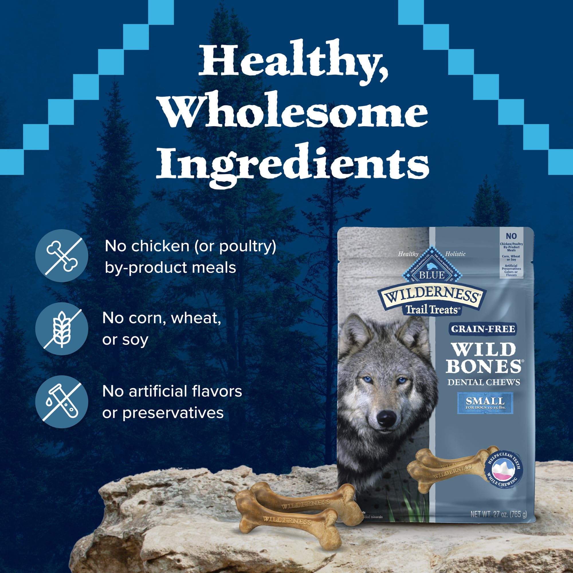 Blue Buffalo Wilderness Wild Bones small dental chew grain-free formula ideal for small dogs 15-25-lbs