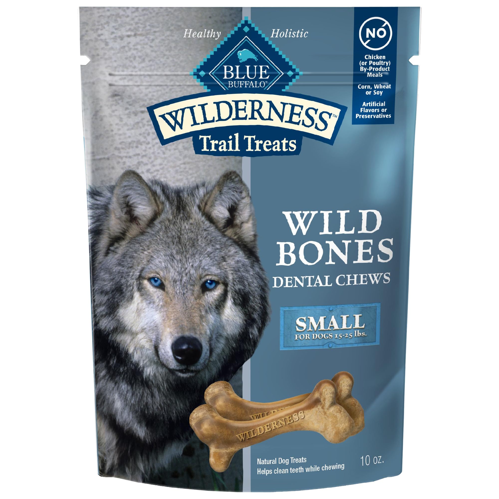 Blue Buffalo Wilderness Wild Bones Small Dental Chew pack-front highlighting grain-free formula.