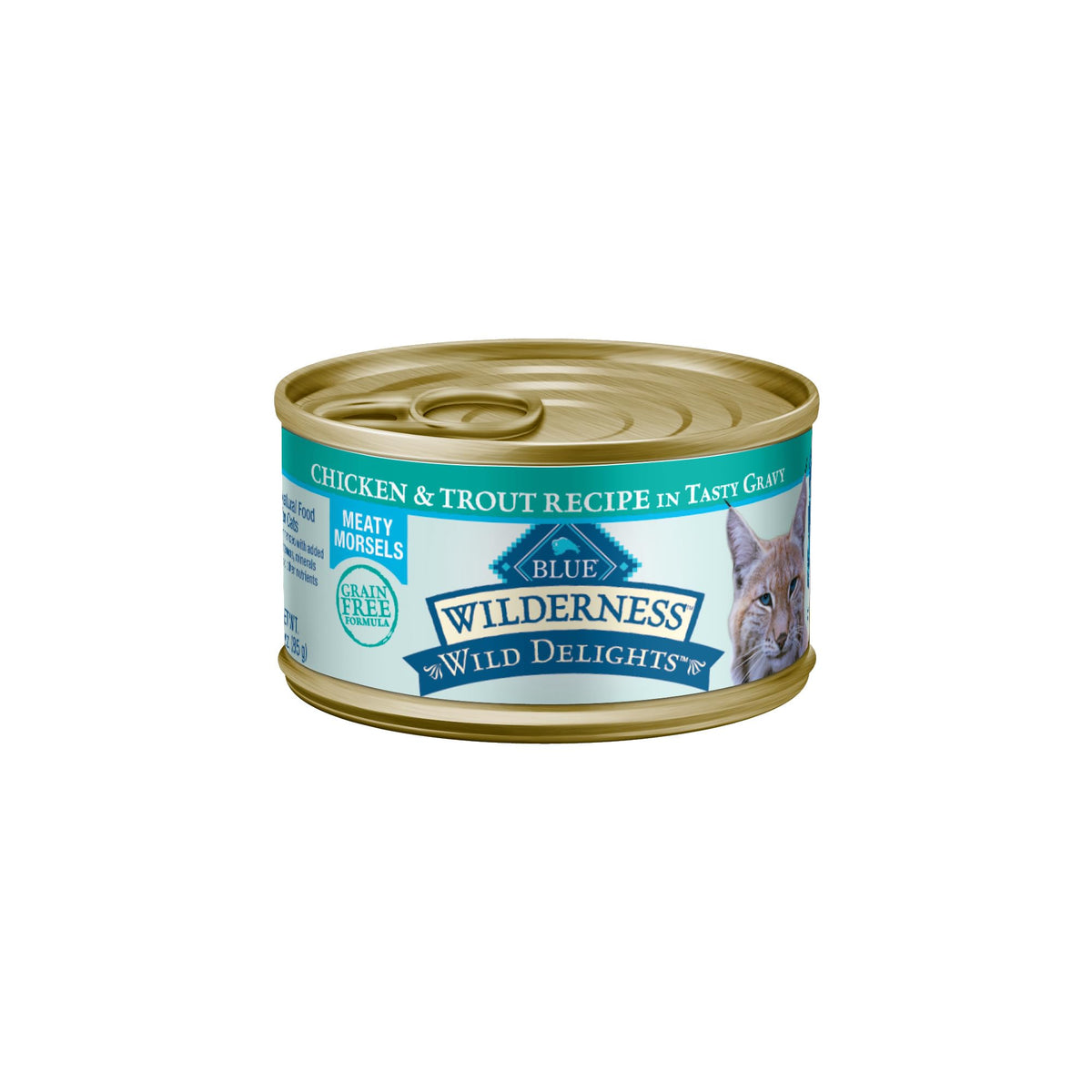 Blue Buffalo Wilderness Wild Delights: chicken-trout morsels in gravy close-up, 3oz can