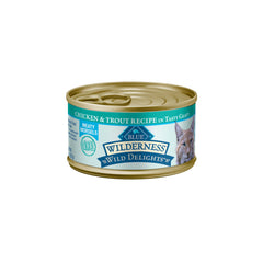 Blue Buffalo Wilderness Wild Delights: chicken-trout morsels in gravy close-up, 3oz can
