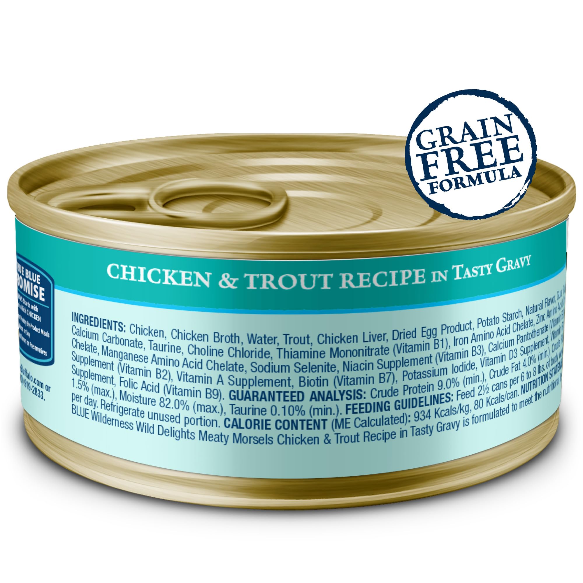 Blue Buffalo Wilderness Wild Delights can open, showing chicken-trout morsels in gravy