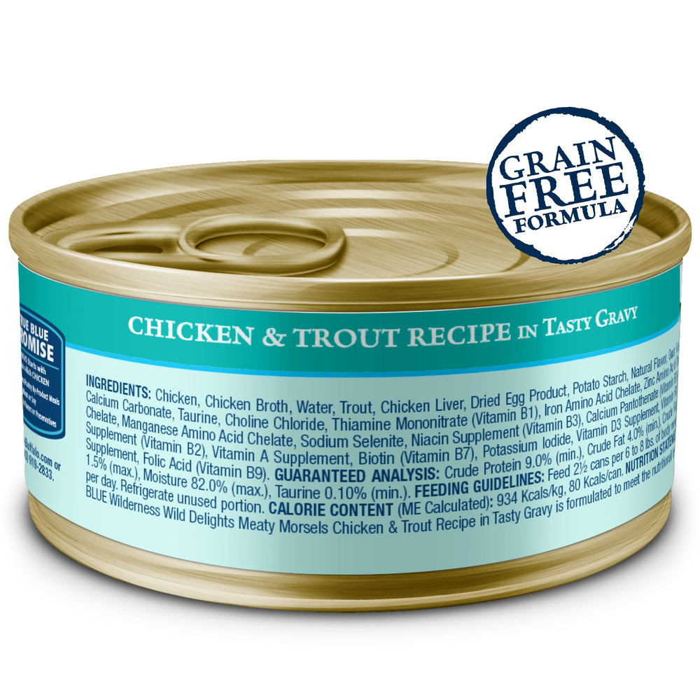 Blue Buffalo Wilderness Wild Delights can open, showing chicken-trout morsels in gravy