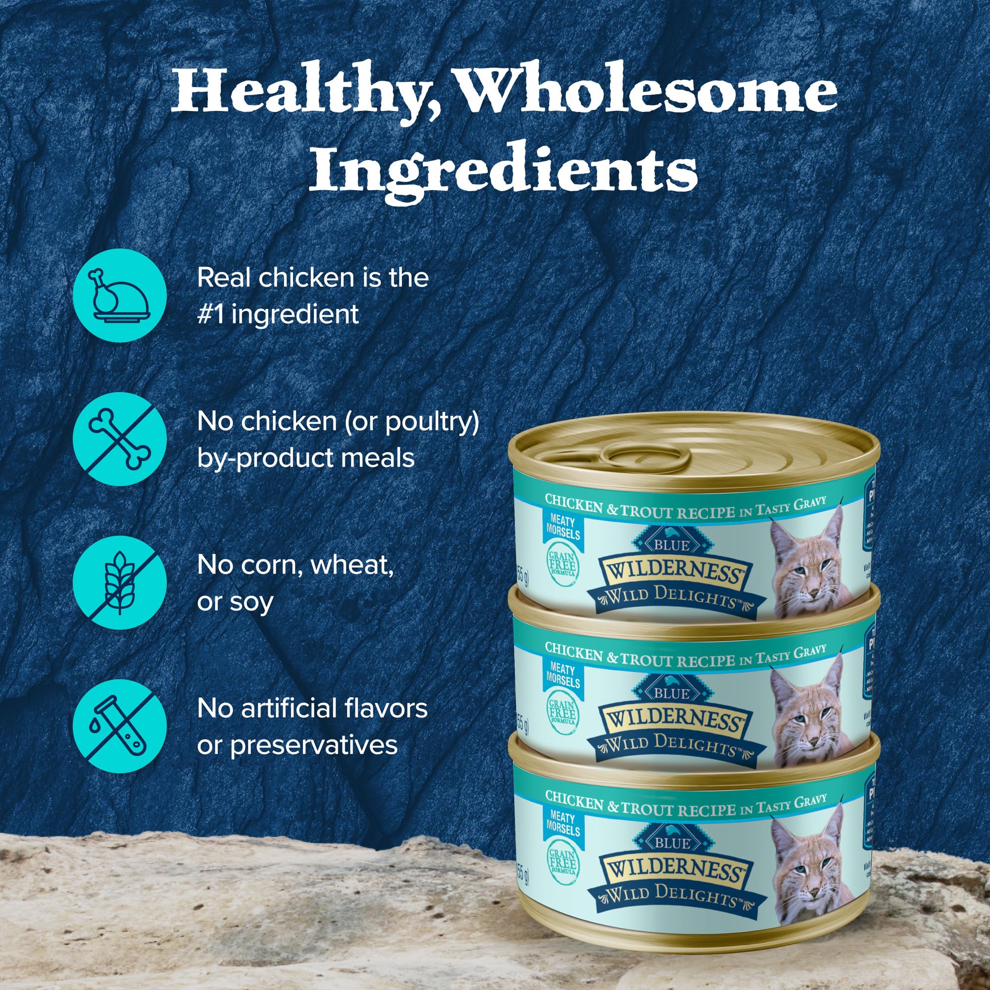 A stack of 3oz Blue Wilderness Wilderness Wild Delights cans with gravy
