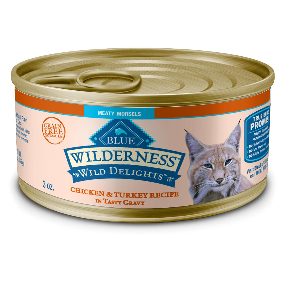 Blue Buffalo Wilderness Meaty Morsels wet cat food can with real chicken and turkey in gravy