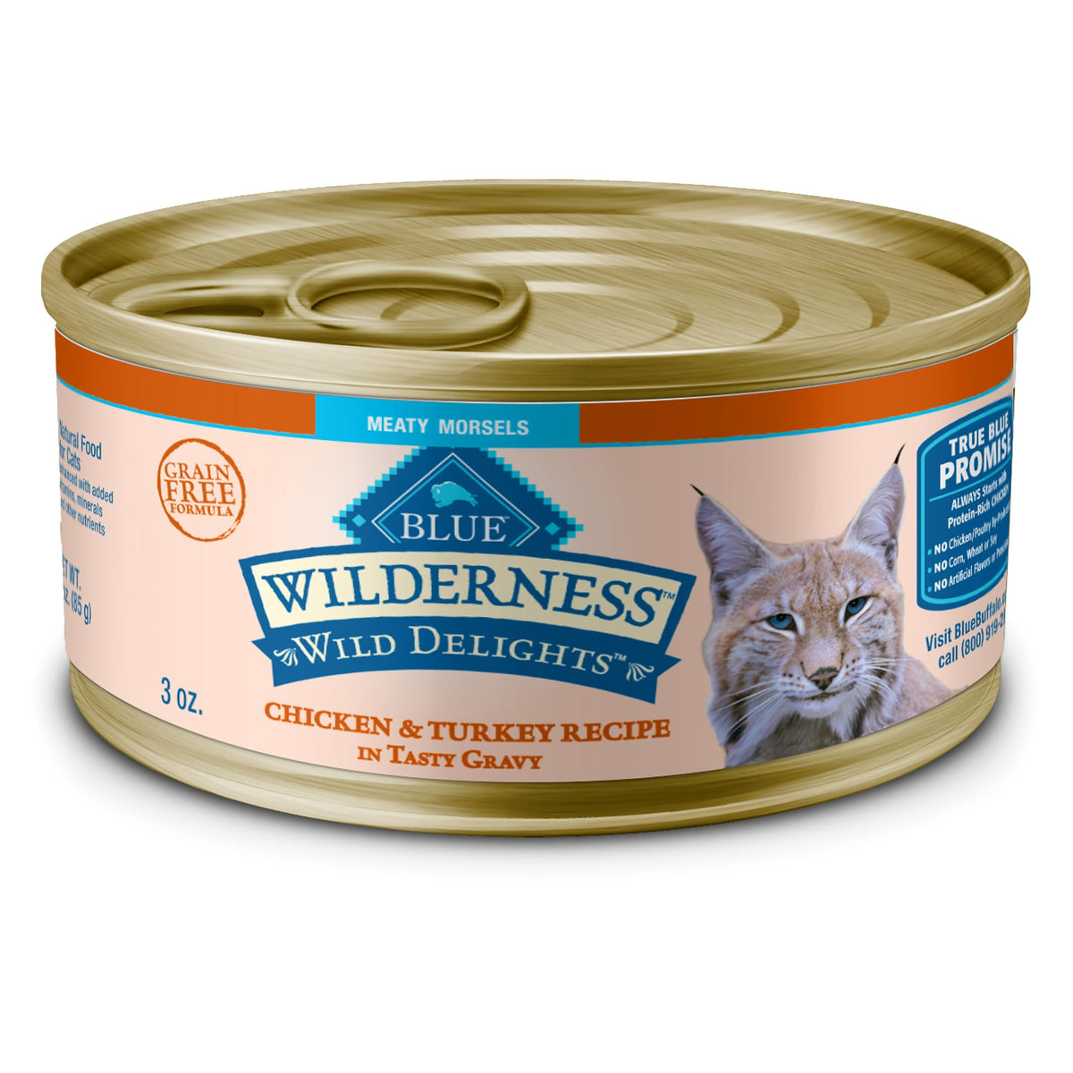Blue Buffalo Wilderness Meaty Morsels wet cat food can with real chicken and turkey in gravy