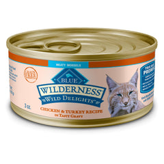 Blue Buffalo Wilderness Meaty Morsels wet cat food can with real chicken and turkey in gravy