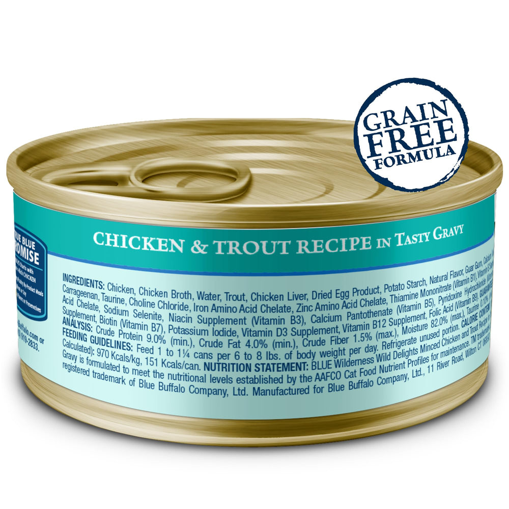 Blue Buffalo Wilderness minced texture close-up in gravy, highlighting protein-packed bite.