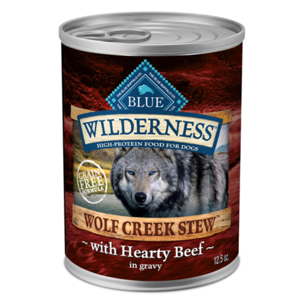 Blue Buffalo Wilderness Wolf Creek Stew beef chunks in gravy can—protein-rich meal option for active dogs