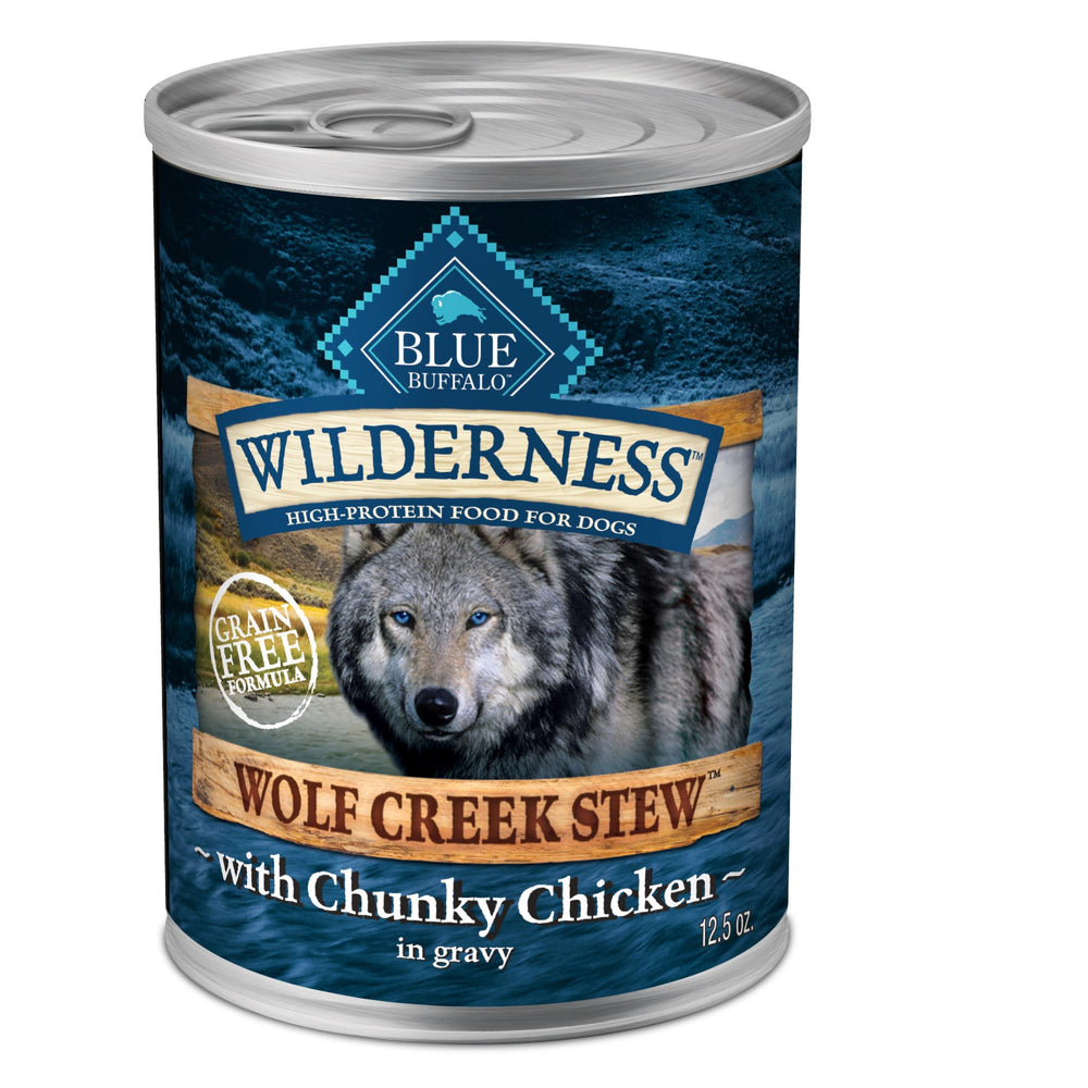 Blue Buffalo Wilderness Wolf Creek Stew with chunky chicken chunks in savory gravy for active dogs