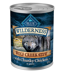 Blue Buffalo Wilderness Wolf Creek Stew with chunky chicken chunks in savory gravy for active dogs