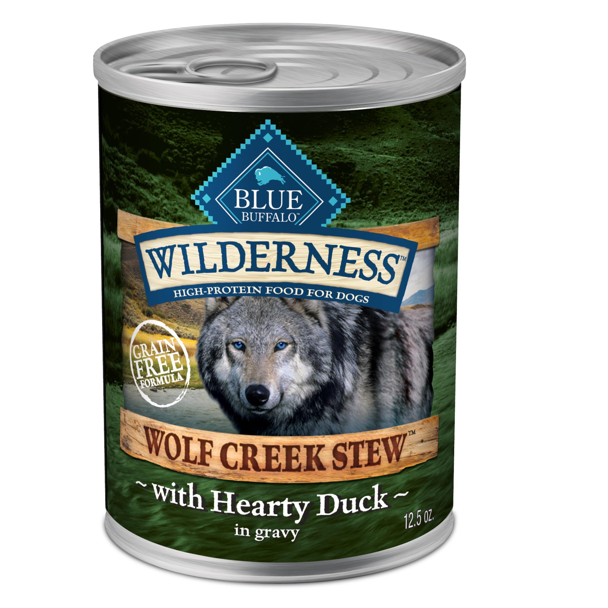 Blue Buffalo Wilderness Wolf Creek Stew with duck chunks in gravy for a protein-rich meal