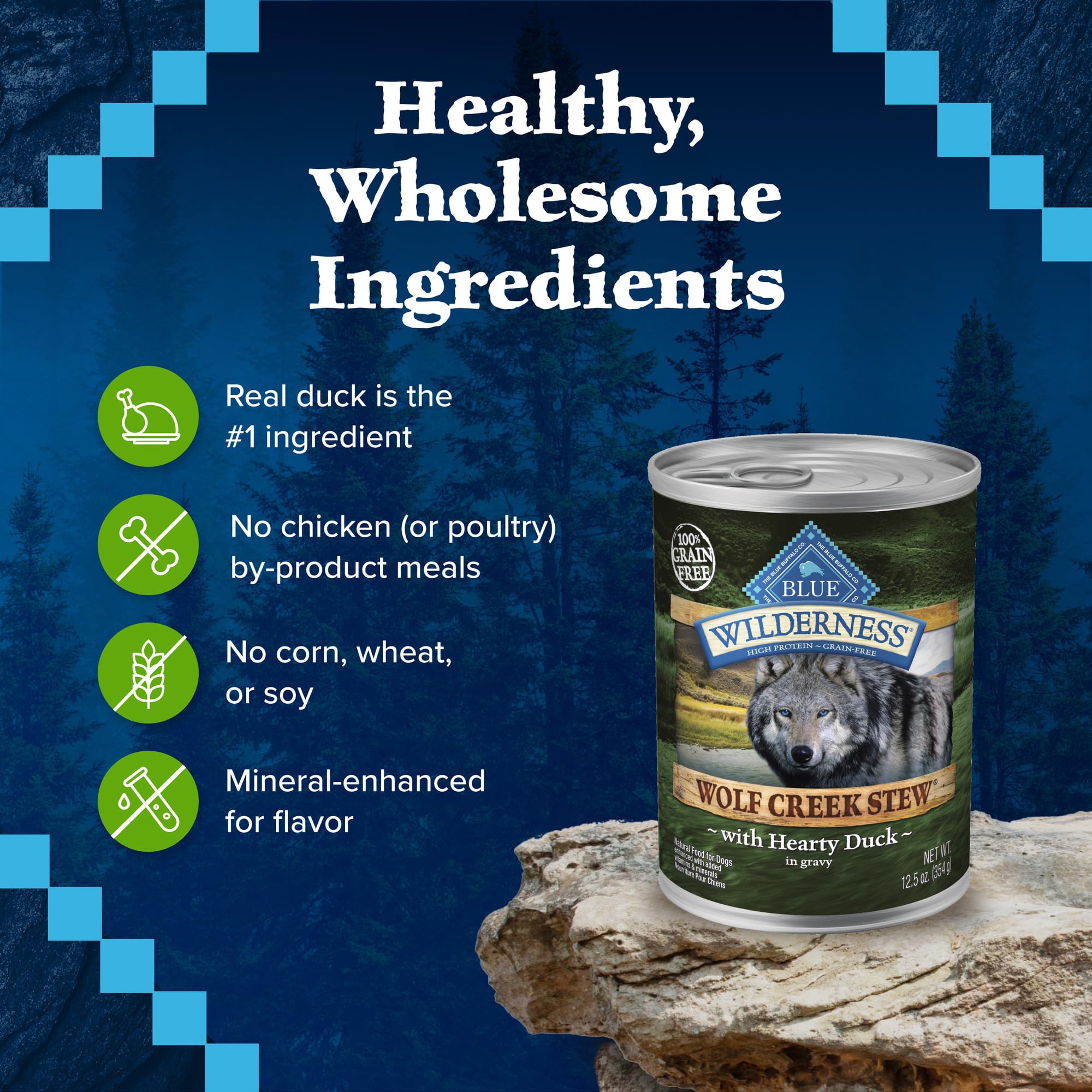 Close-up of real duck and grain-free ingredients in Wilderness Wolf Creek Stew