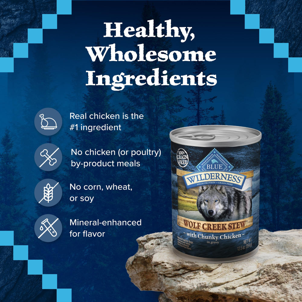 Blue Buffalo Wilderness Wolf Creek Stew excludes corn, wheat, and soy for sensitive diets