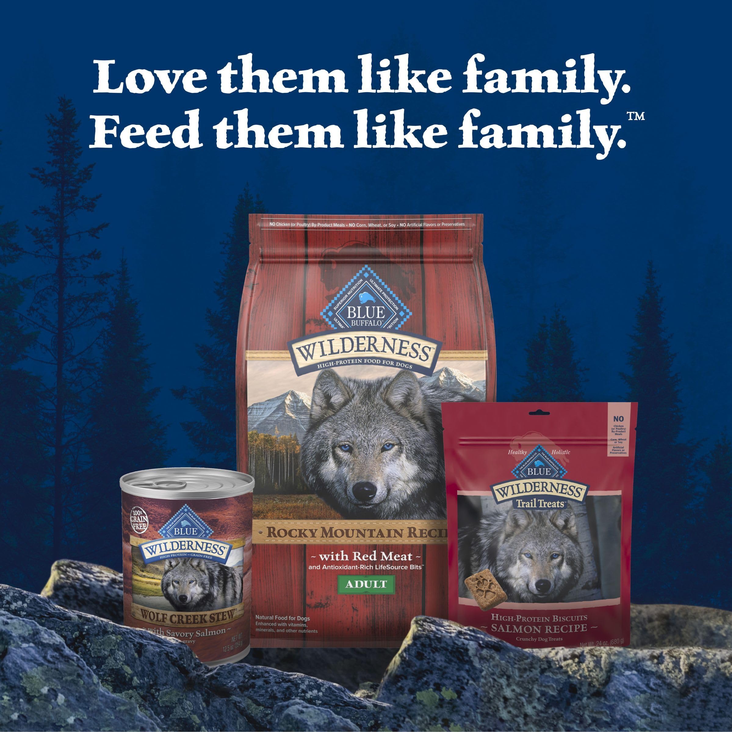 Blue Buffalo Wilderness Wolf Creek Stew packaging display with nutrition highlights.