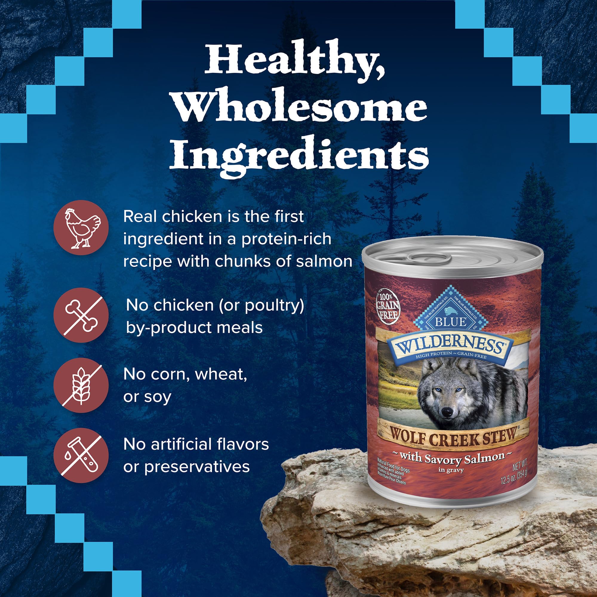 Blue Buffalo Wilderness Wolf Creek Stew protein-rich salmon keeps dogs satisfied after meals.