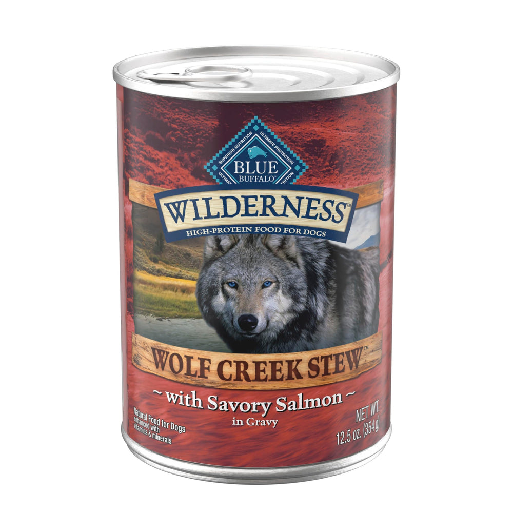 Blue Buffalo Wilderness Wolf Creek Stew salmon chunks in gravy can boosts protein for active dogs.