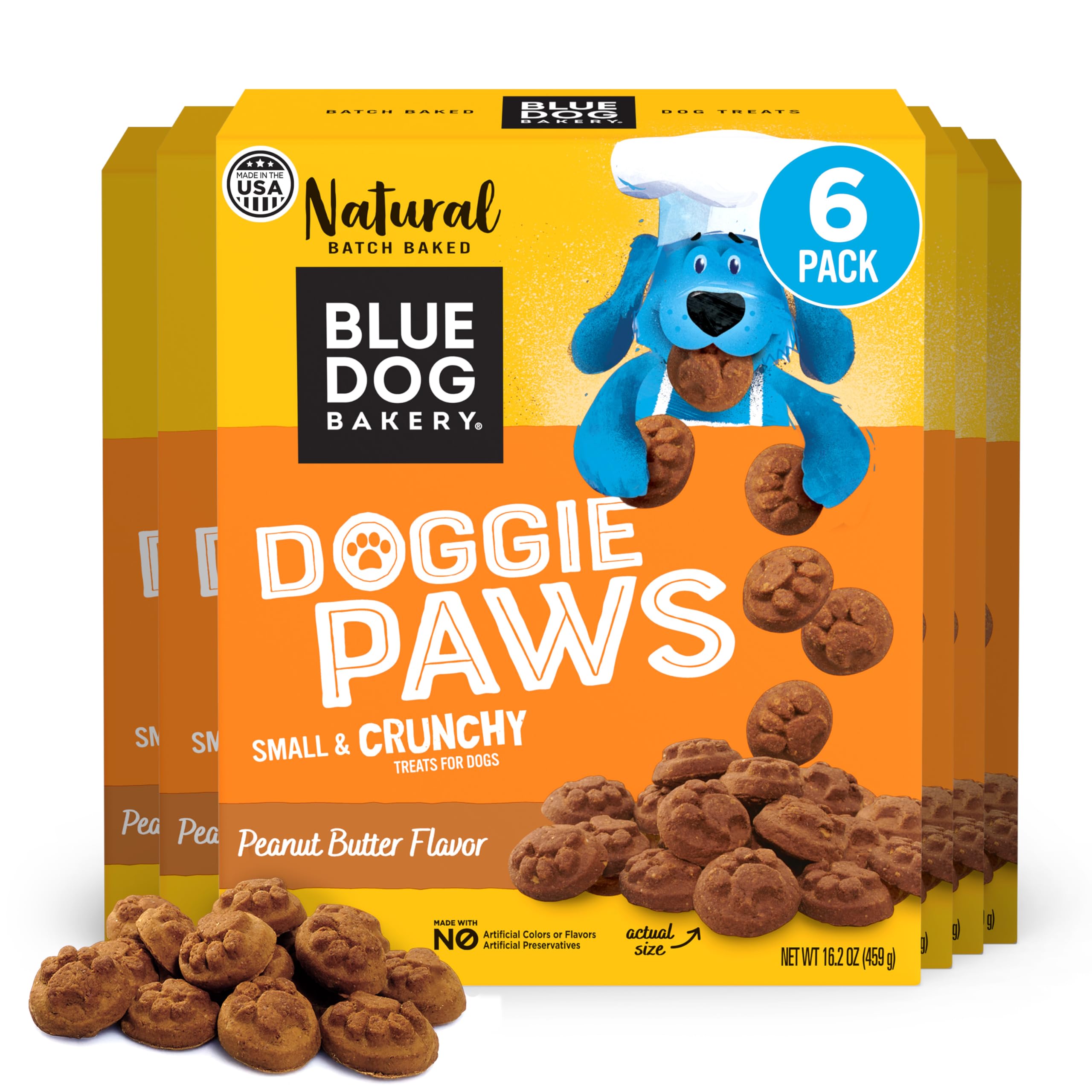 Blue Dog Bakery Doggie Paws Peanut Butter treats in a 16oz bag for tasty rewards