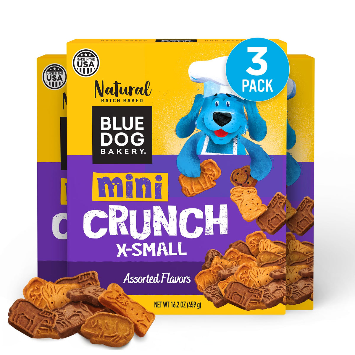 Blue Dog Bakery Mini Crunch box—3-pack of low-fat, crunchy dog treats.