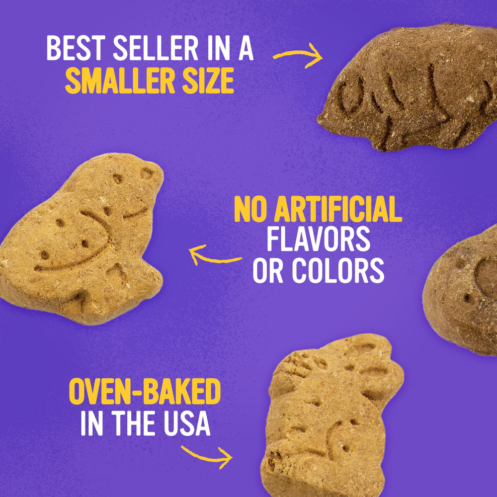 Blue Dog Bakery More Crunch assorted flavors bag displays varied shapes for dogs.
