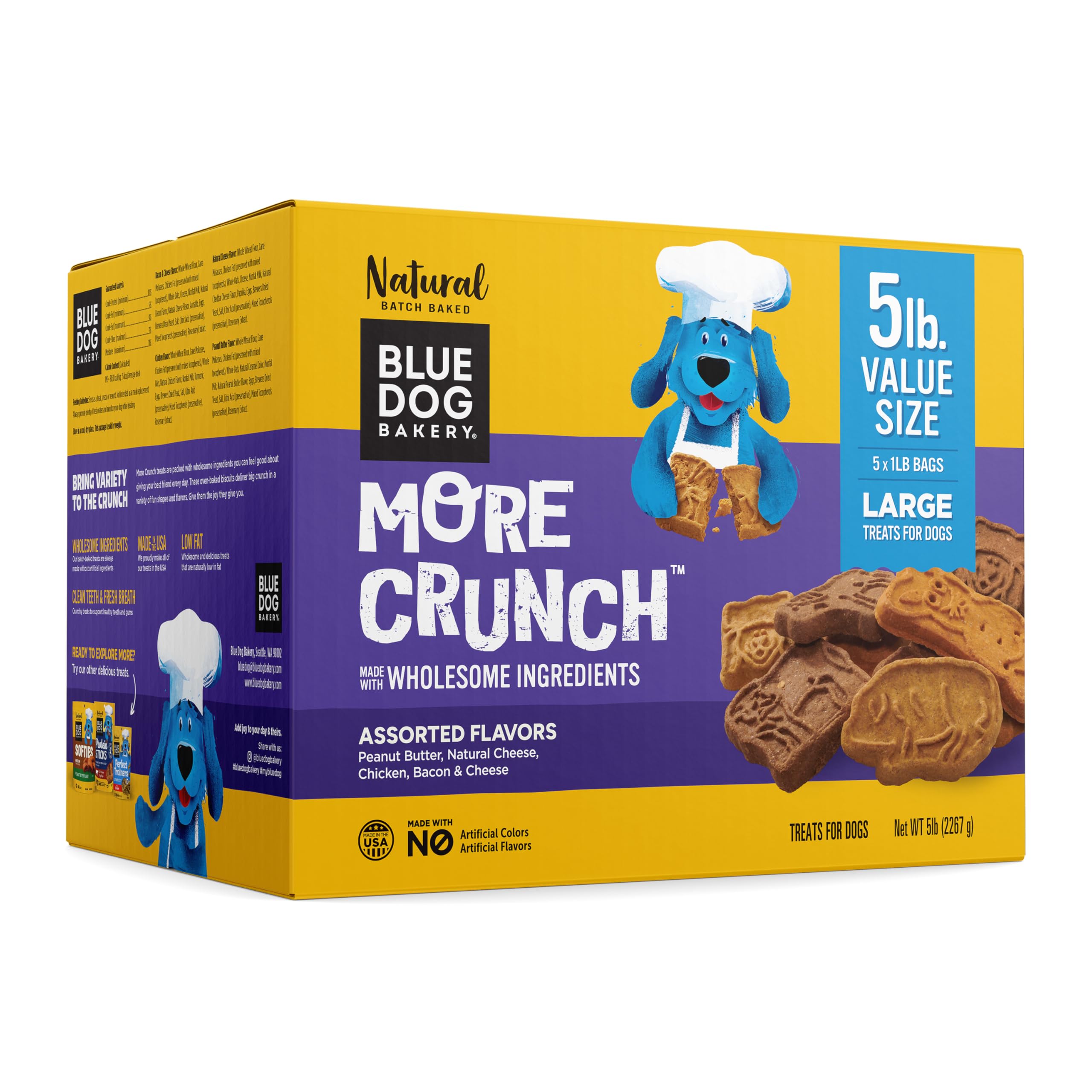 Blue Dog Bakery More Crunch assorted-flavors biscuits for dogs promote dental health.