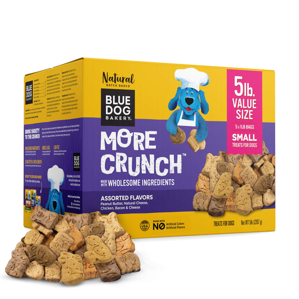 Blue Dog Bakery More Crunch box shows the 5-pound bulk package for easy storage.