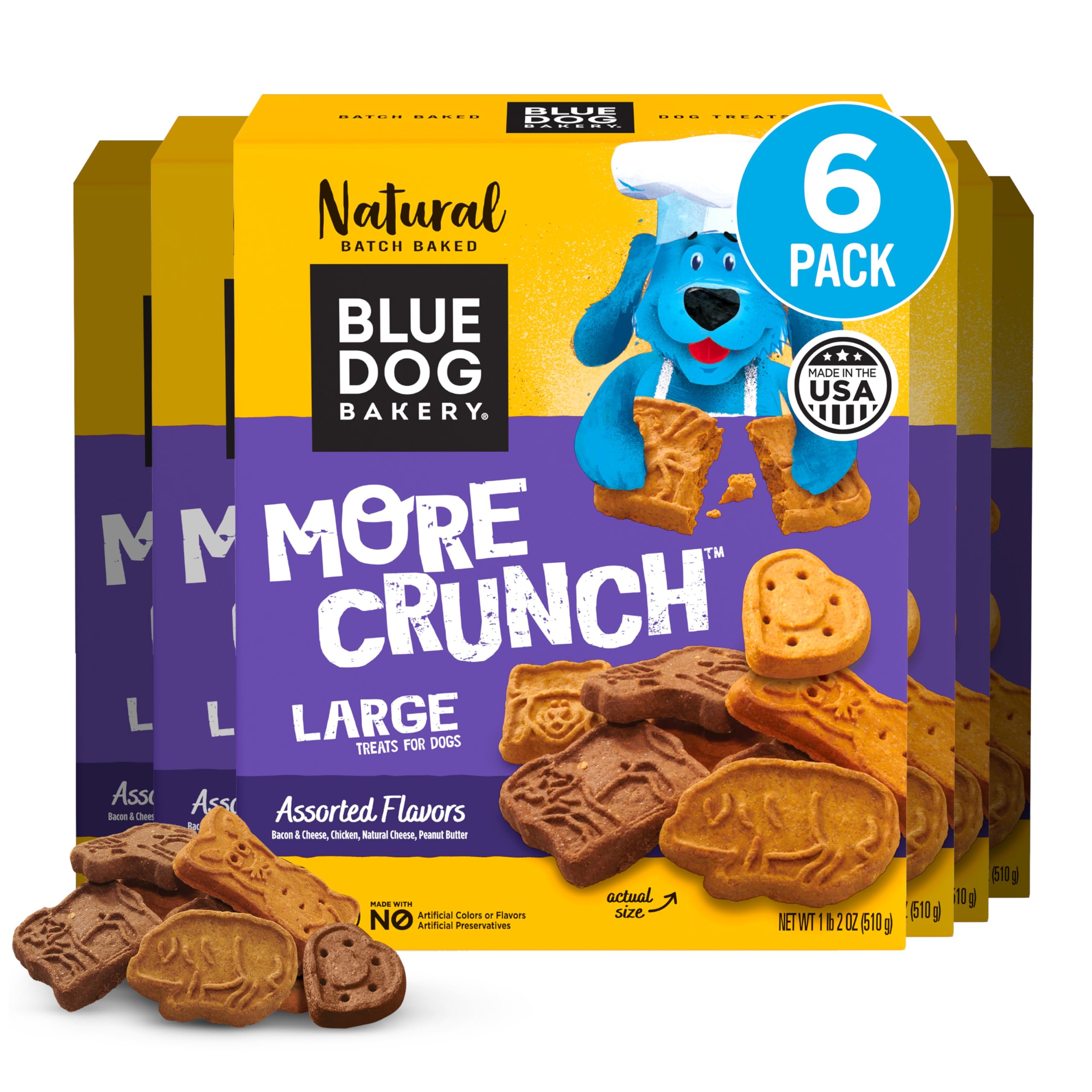 Blue Dog Bakery More Crunch Large Assorted Flavors box showcasing variety for daily rewarding crunch