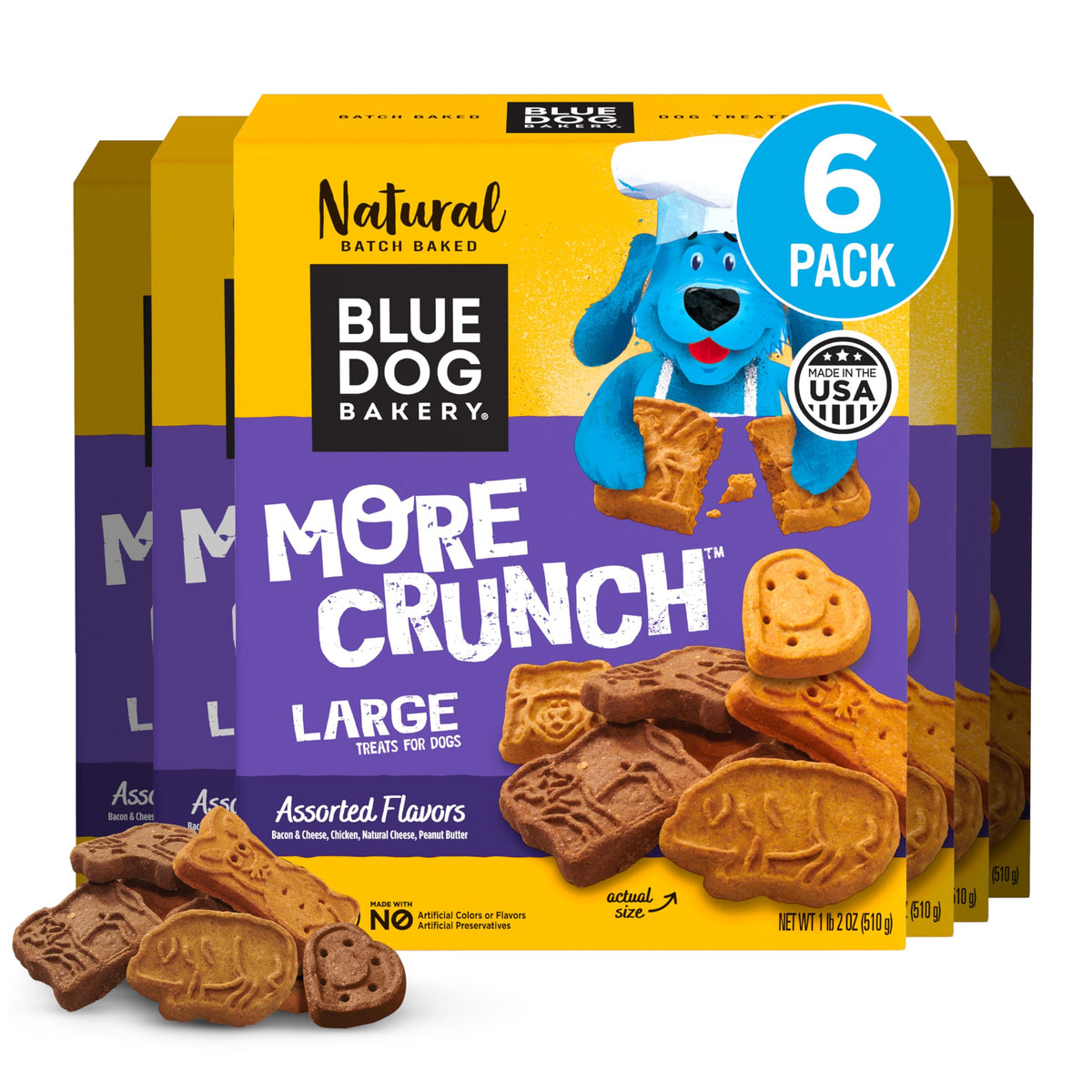 Blue Dog Bakery More Crunch Large Assorted Flavors box showcasing variety for daily rewarding crunch