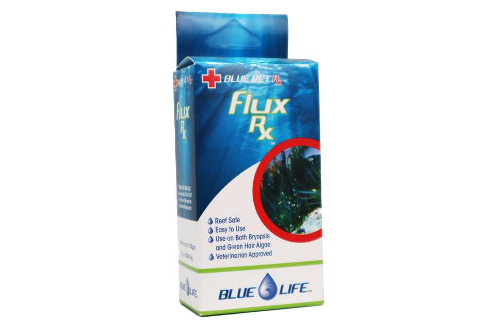 Blue Life Flux Rx bottle front view for easy reef-safe algae treatment.