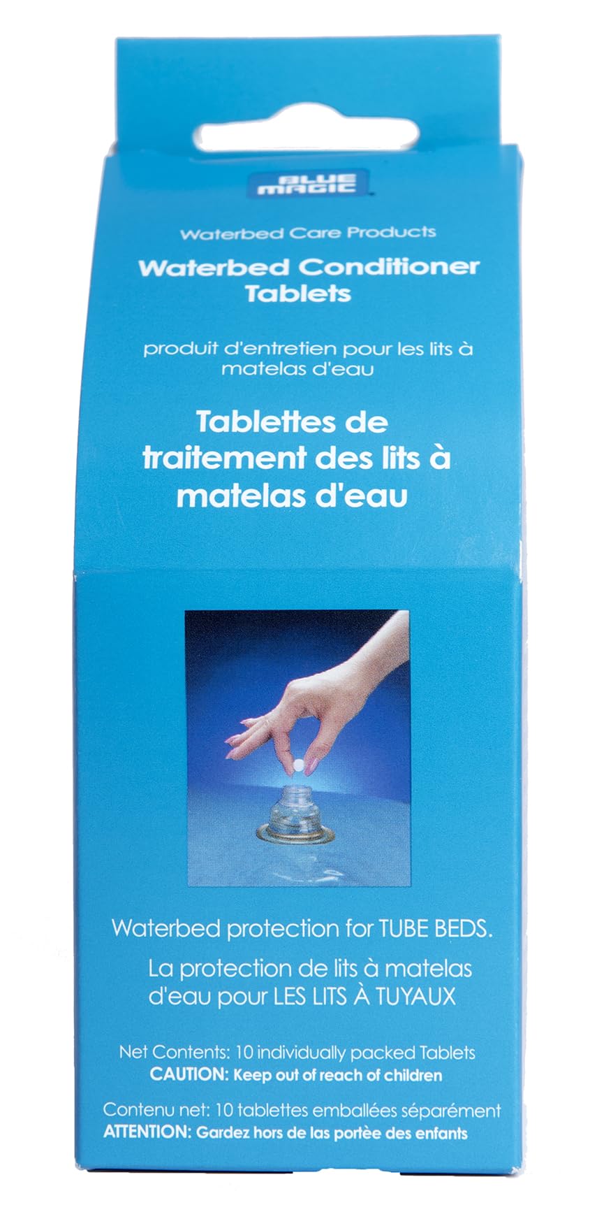 Blue Magic Waterbed conditioner tablets 10-pack packaging for easy storage