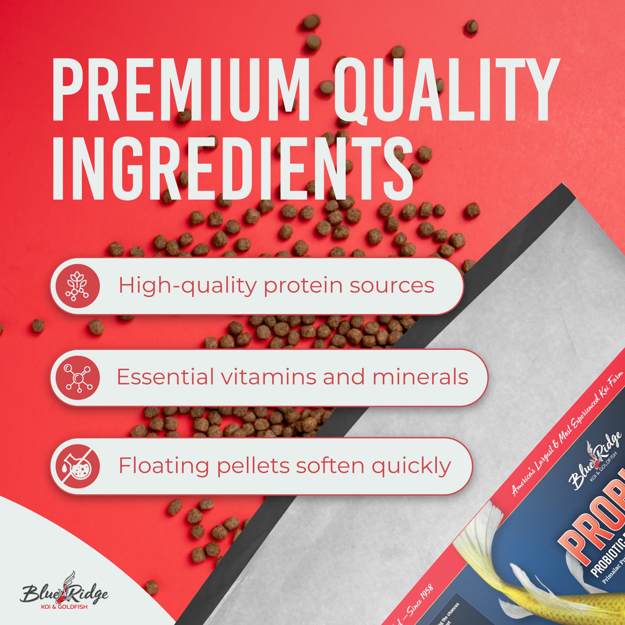 Blue Ridge Probiotic Plus pellet closeup highlights nutrient-rich formula for healthy growth