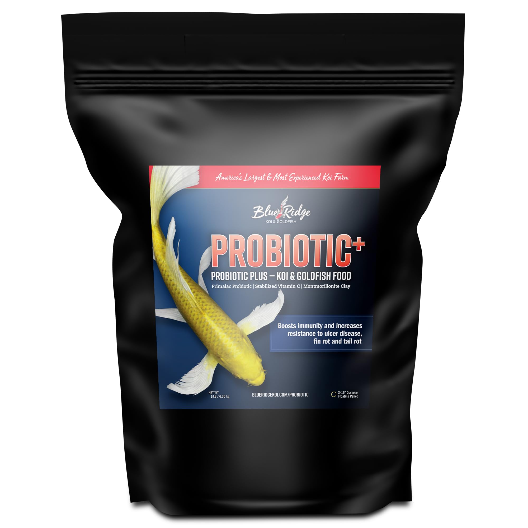 Blue Ridge Probiotic Plus koi food floating pellets for balanced digestion.