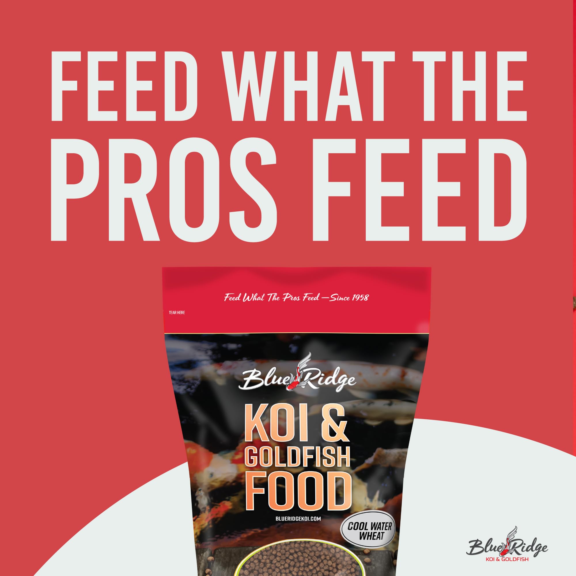 Blue Ridge Koi Fish Food bag closeup highlighting large pellet texture