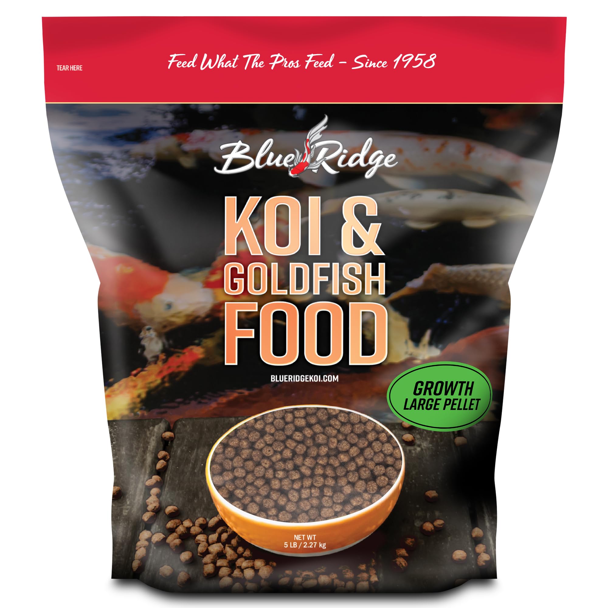 Blue Ridge Koi Fish Food floating pellets resist disintegration for long, steady feeding.