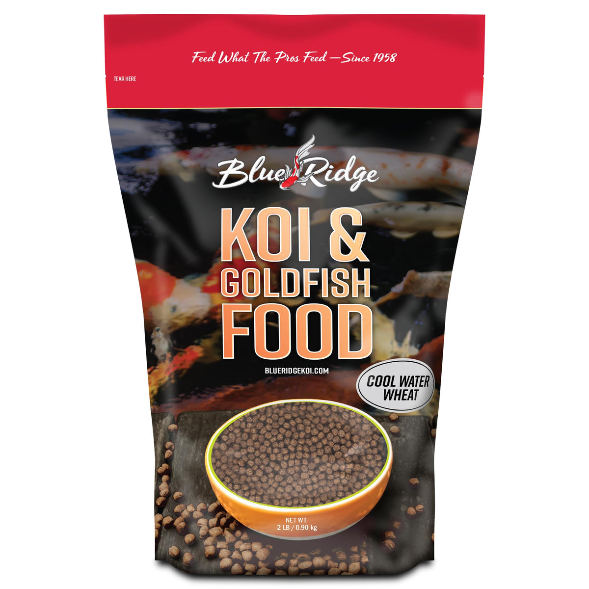 Blue Ridge Koi Fish Food front bag showing 2lb packaging for cool-season feeding